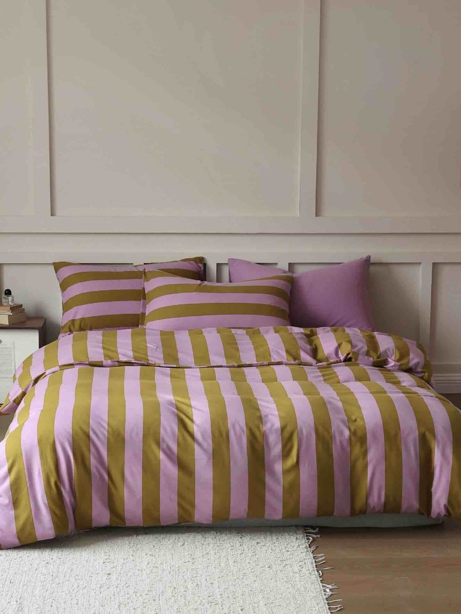 Retro Stripe Cotton Queen Size Duvet Cover Set With Pillowcases