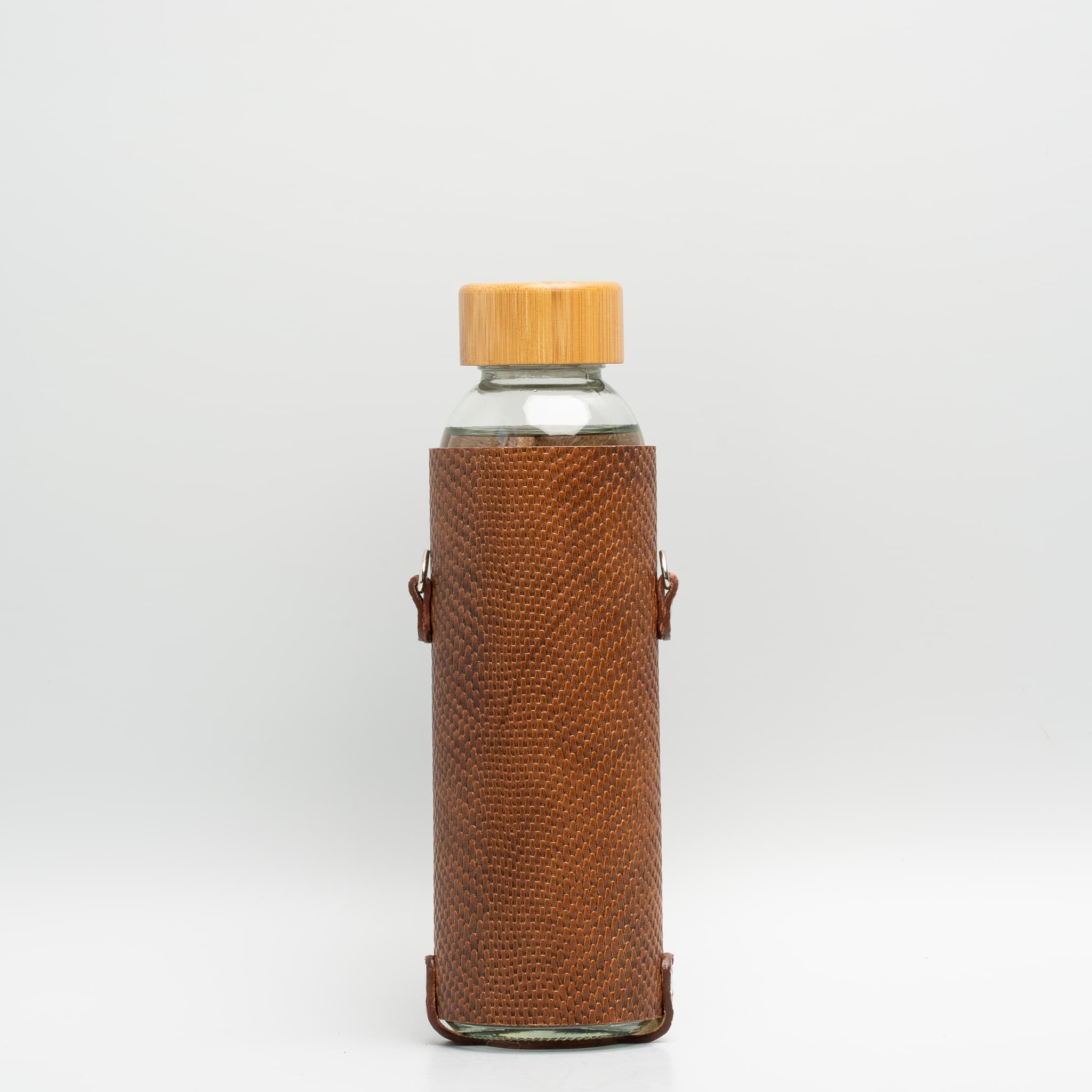 Italian Leather water bottle holder with strap and glass bottle