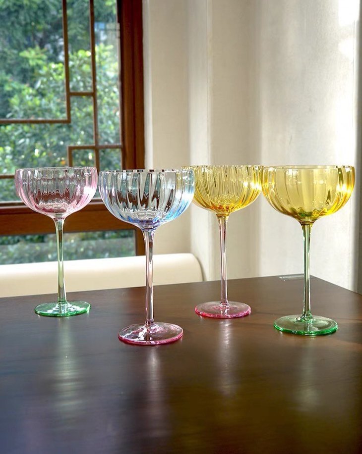 Hand Blown Retro Pastel Coloured Cocktail Glasses Coupe Set of 4