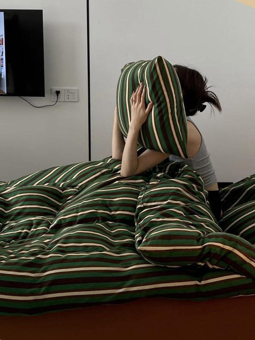 Retro Jersey Knit Stripe Queen Duvet Cover Set with Pillowcases