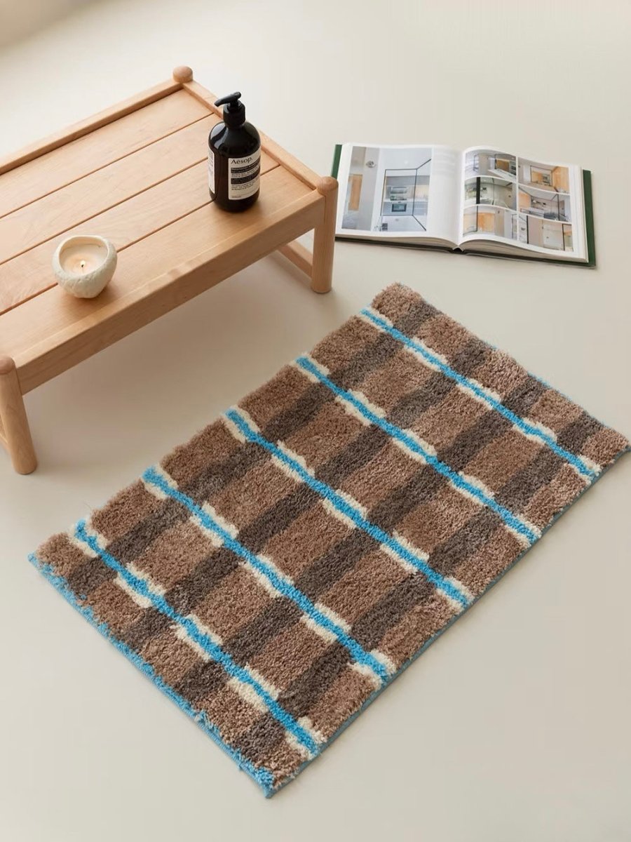 Ultra Soft Retro Earthy Tone Checker Bath Rug, Absorbent Mat